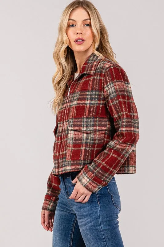 Tartan Brush Zip Up Low Pocket Shacket