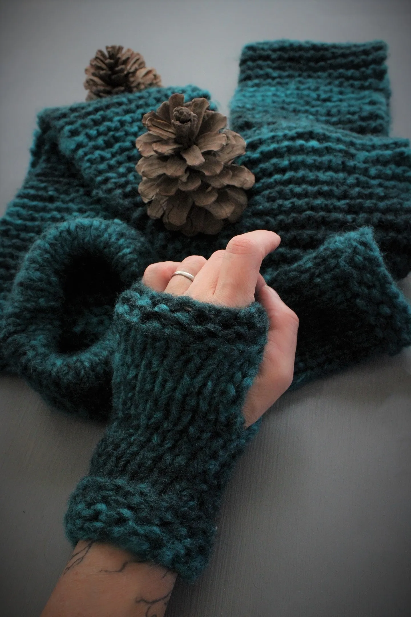 The Loch Ness Handknit Dark Teal Fingerless Gloves