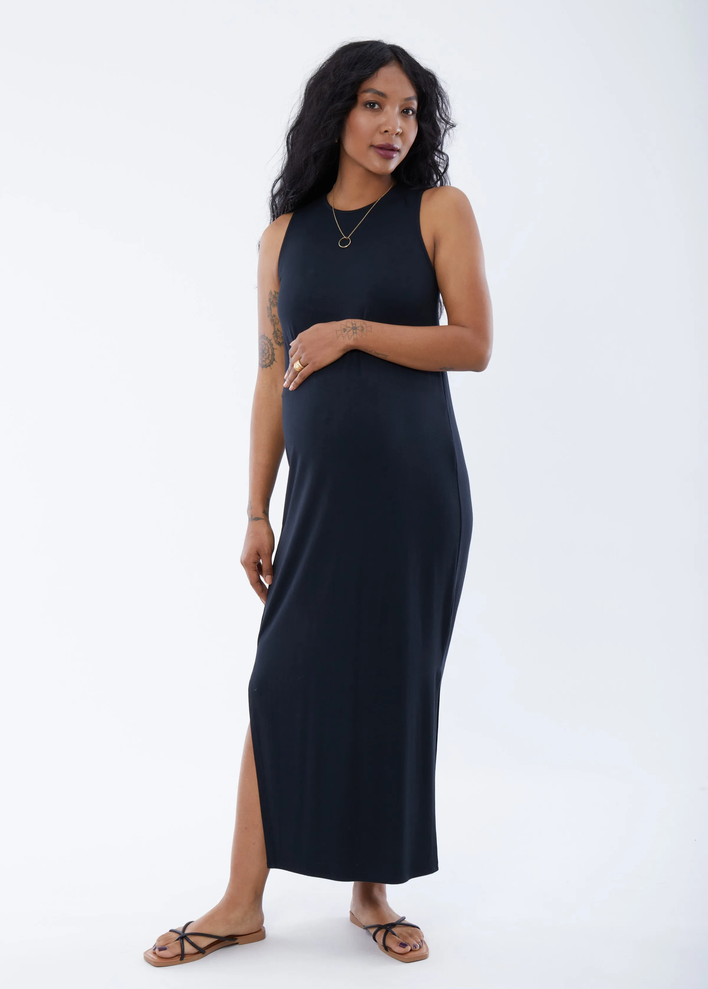 The One Black Maternity Midi Dress