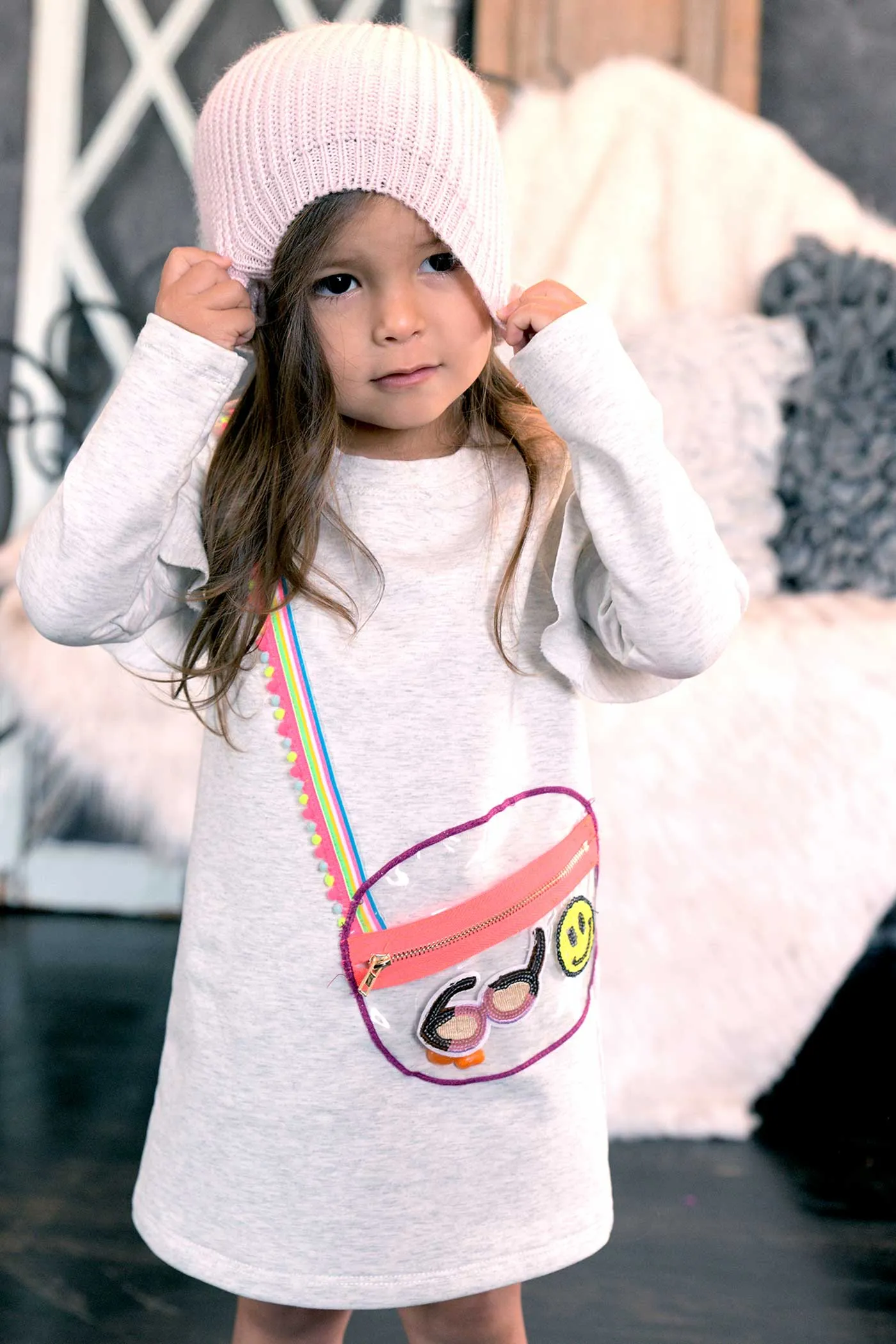 Toddler Girls Long Sleeve Cross-Body-Bag Knit Dress