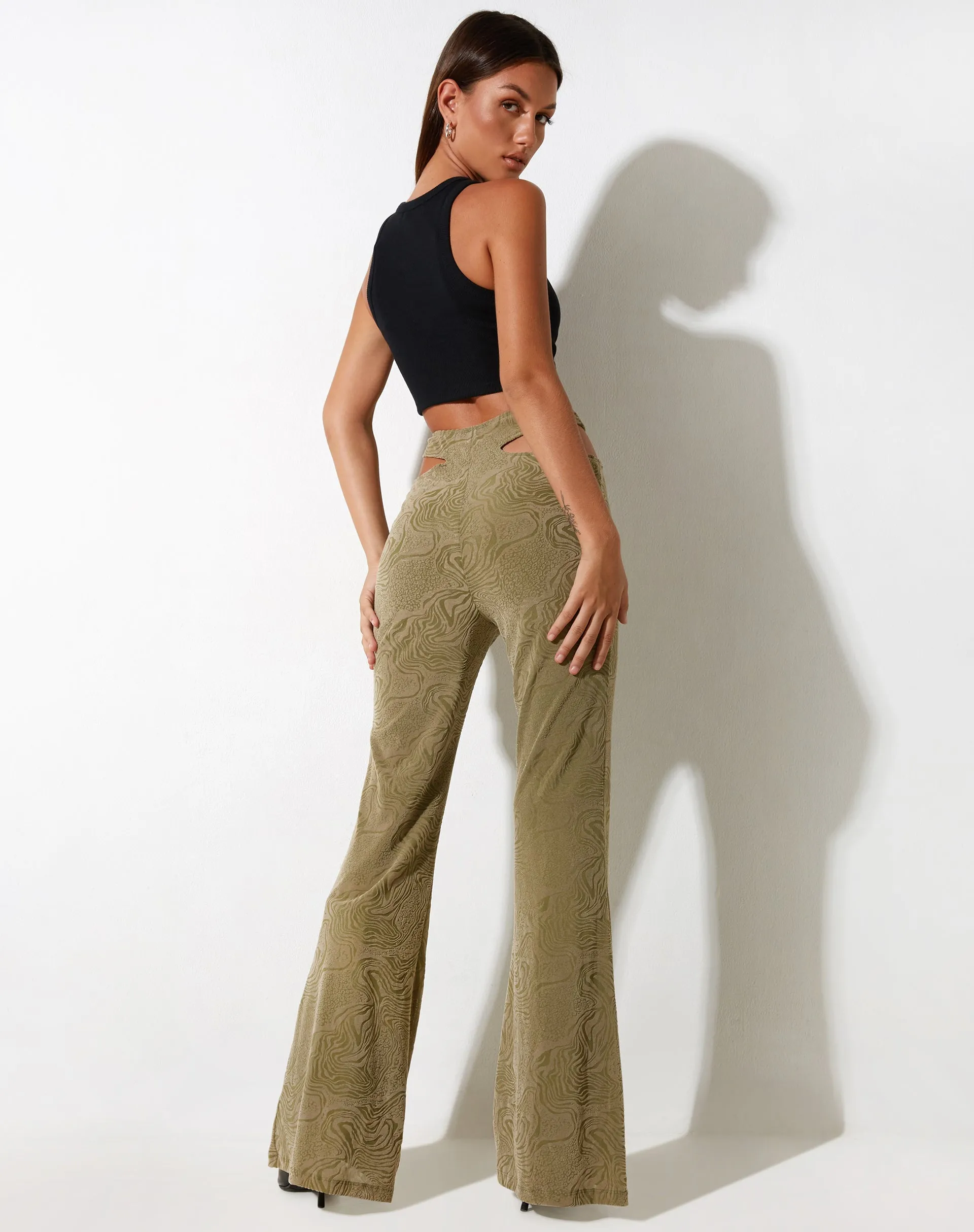 Tuleen Flare Trouser in Mixed Animal Flock Olive