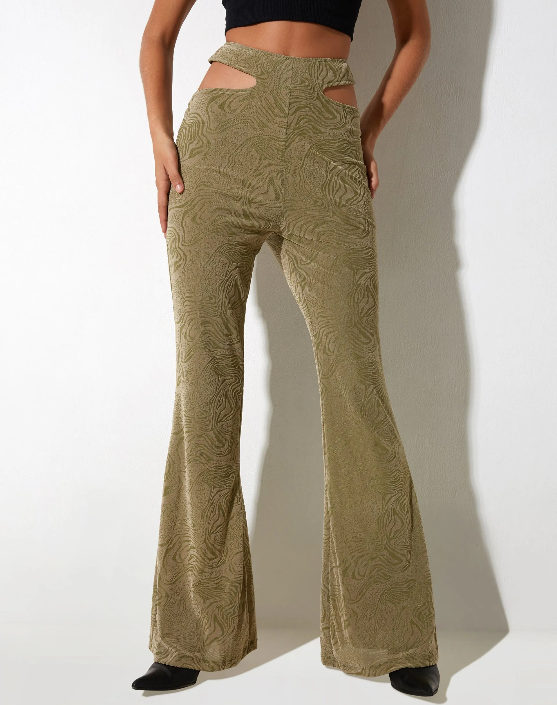 Tuleen Flare Trouser in Mixed Animal Flock Olive