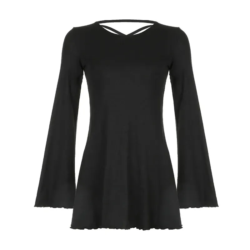 Uniwim Backless Flare Sleeve Knit Lace-Up Dress