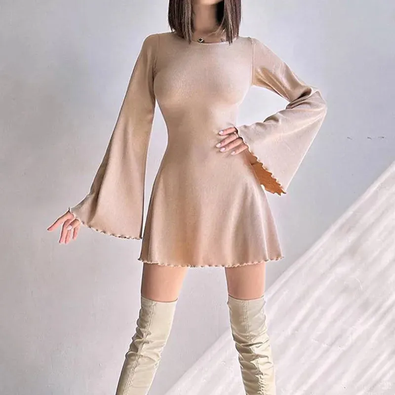 Uniwim Backless Flare Sleeve Knit Lace-Up Dress