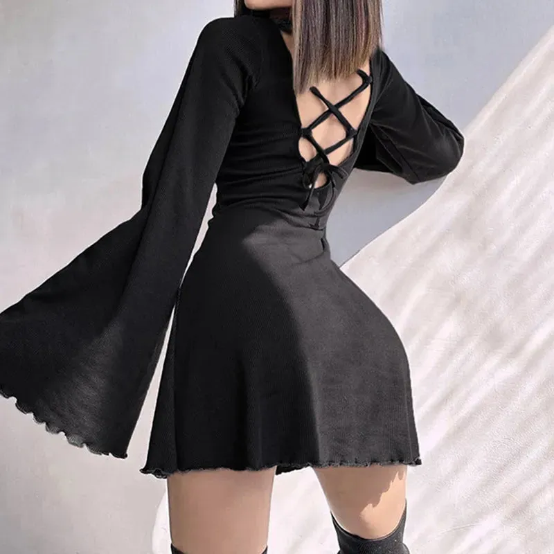 Uniwim Backless Flare Sleeve Knit Lace-Up Dress