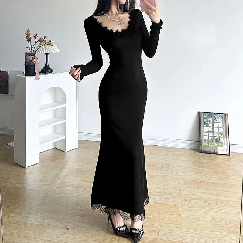 Uniwim Black Slim Lace Spliced Knit Long Dress