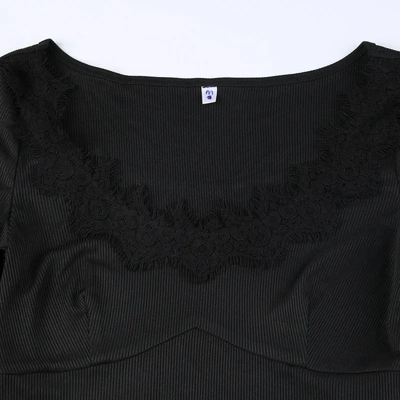 Uniwim Black Slim Lace Spliced Knit Long Dress