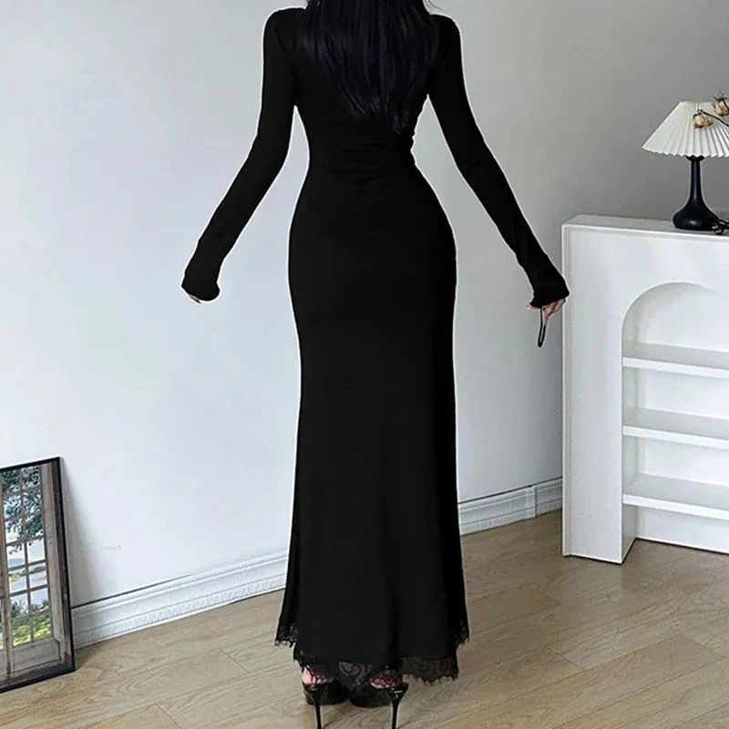 Uniwim Black Slim Lace Spliced Knit Long Dress