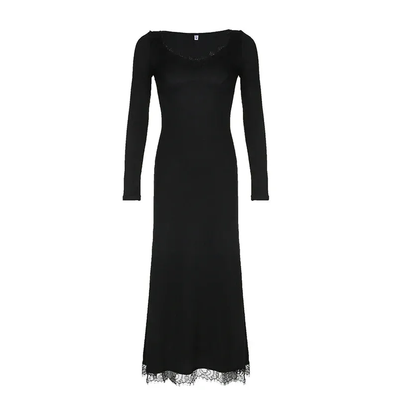 Uniwim Black Slim Lace Spliced Knit Long Dress