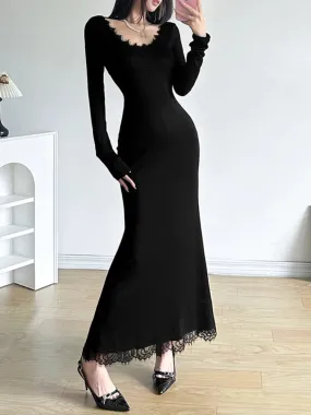 Uniwim Black Slim Lace Spliced Knit Long Dress