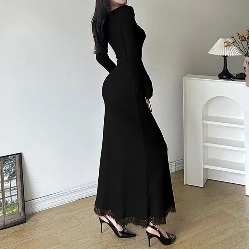 Uniwim Black Slim Lace Spliced Knit Long Dress