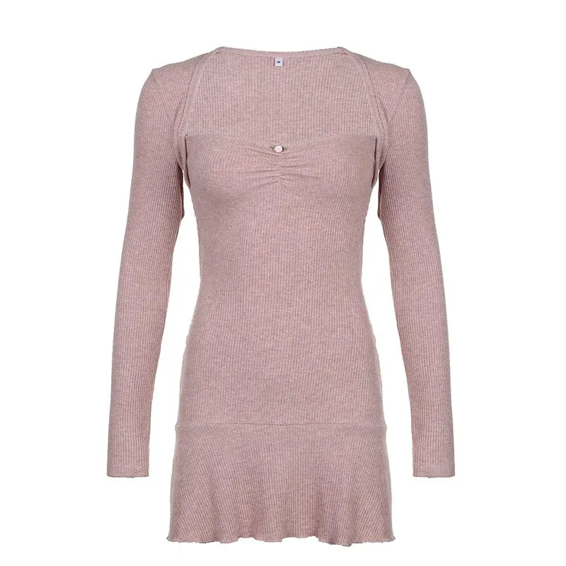 Uniwim Pink Sweet Square Neck Knit Mini Dress