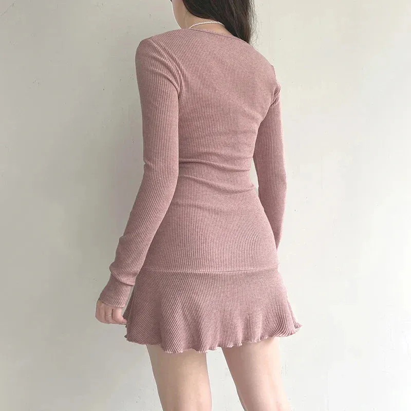 Uniwim Pink Sweet Square Neck Knit Mini Dress