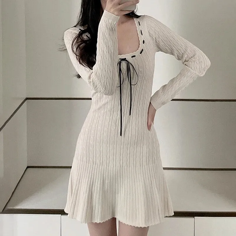 Uniwim Sweet Square Neck Knitted A-Line Knit Dress