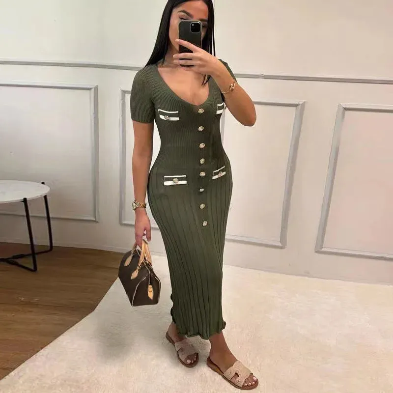 V-neck Short Sleeve Lady Robe, Elegant Knit Long Dress Women Chic Button Ribbed Slim Hip Package Female Dresses