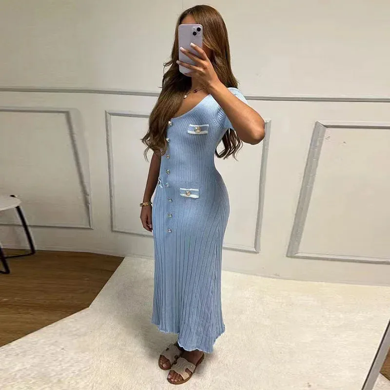 V-neck Short Sleeve Lady Robe, Elegant Knit Long Dress Women Chic Button Ribbed Slim Hip Package Female Dresses