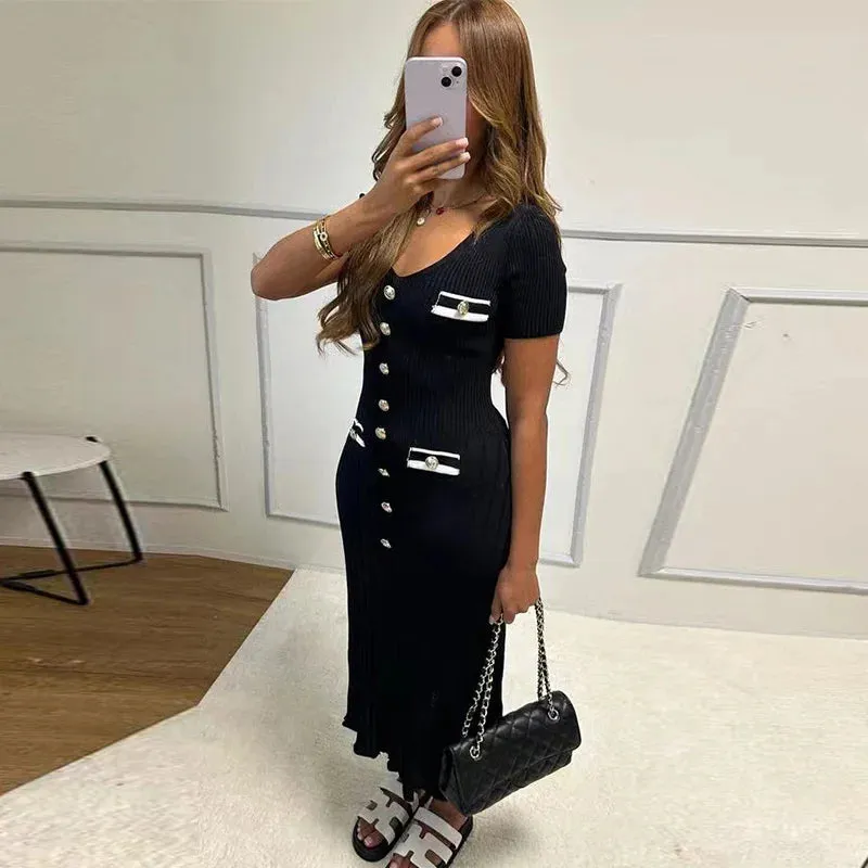 V-neck Short Sleeve Lady Robe, Elegant Knit Long Dress Women Chic Button Ribbed Slim Hip Package Female Dresses