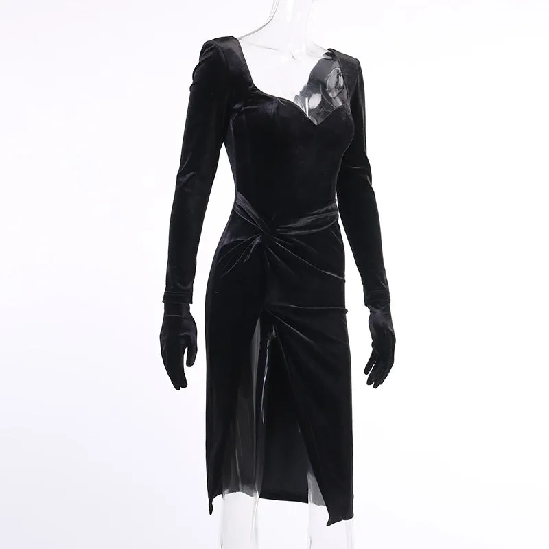 VenusFox Sexy Black Velvet Dress Women Autumn Fashion V-Neck Cotton Split Midi Dresses Gloves Sleeve Gown Elegant Party Club Dress