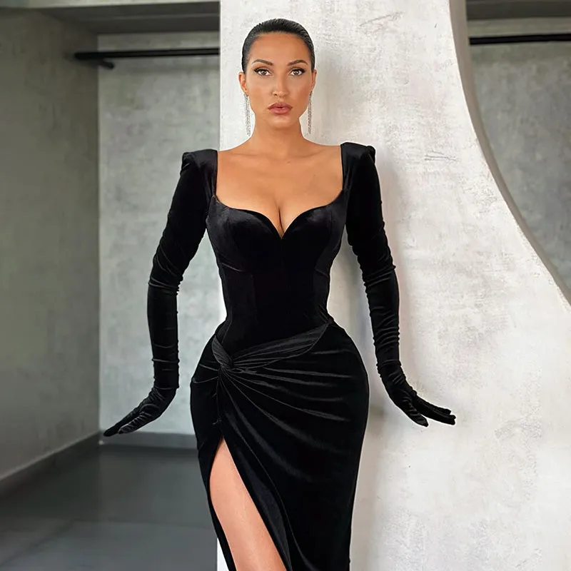 VenusFox Sexy Black Velvet Dress Women Autumn Fashion V-Neck Cotton Split Midi Dresses Gloves Sleeve Gown Elegant Party Club Dress