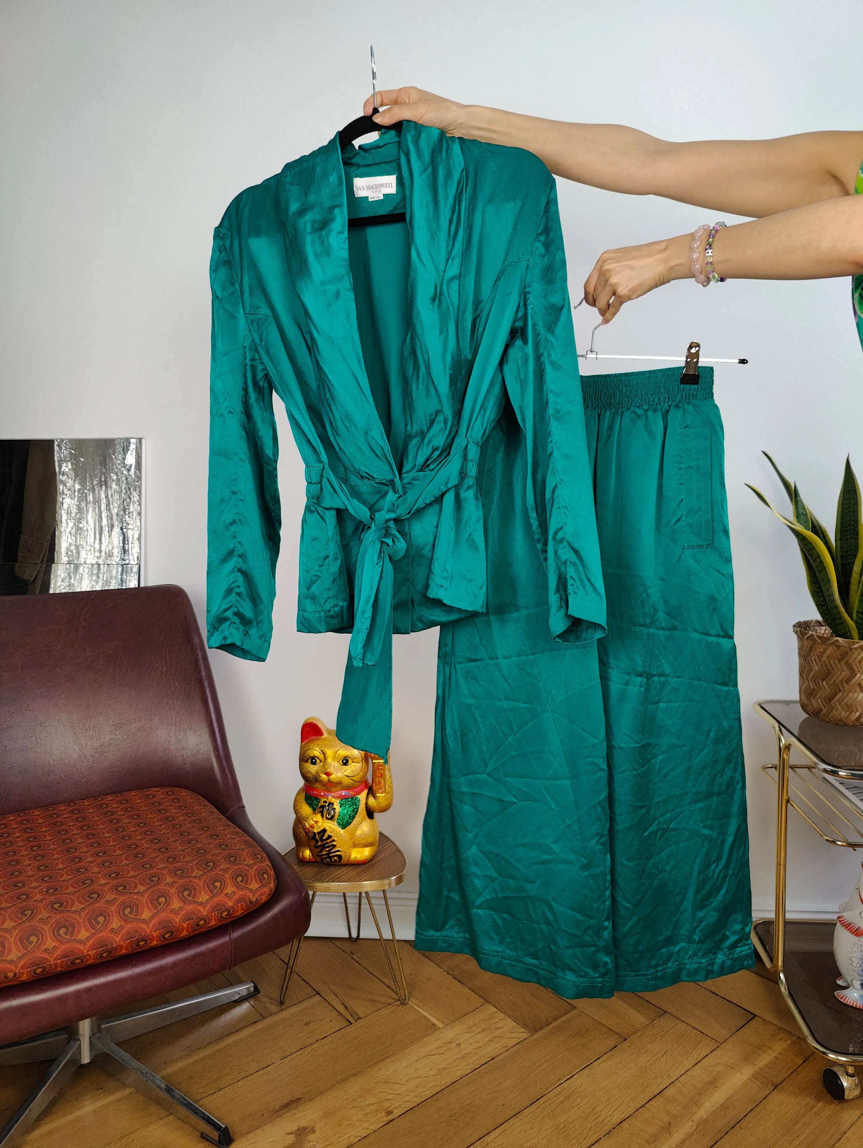 Vintage 100% silk set blouse jacket pants culottes turquoise green S-M