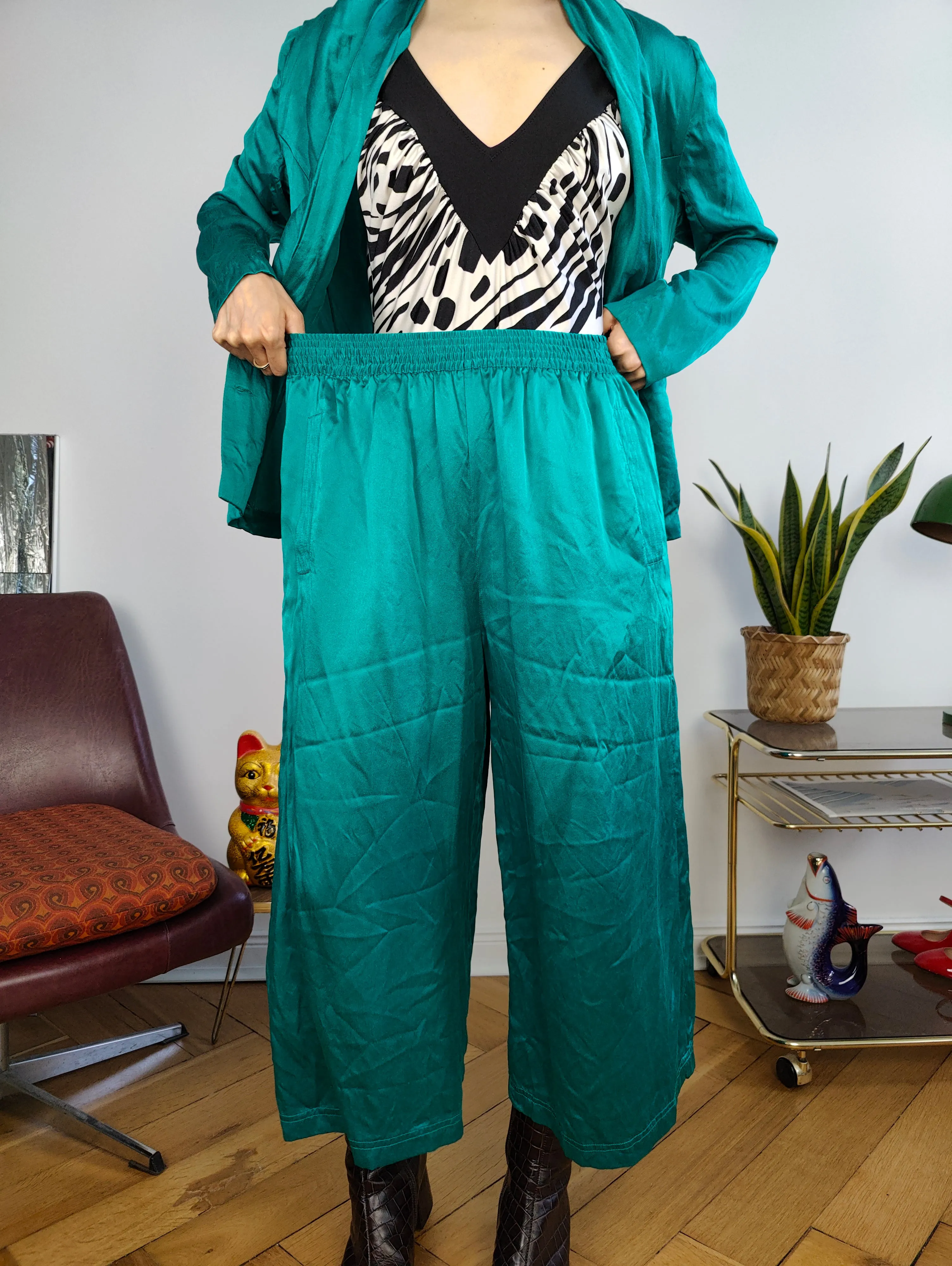 Vintage 100% silk set blouse jacket pants culottes turquoise green S-M