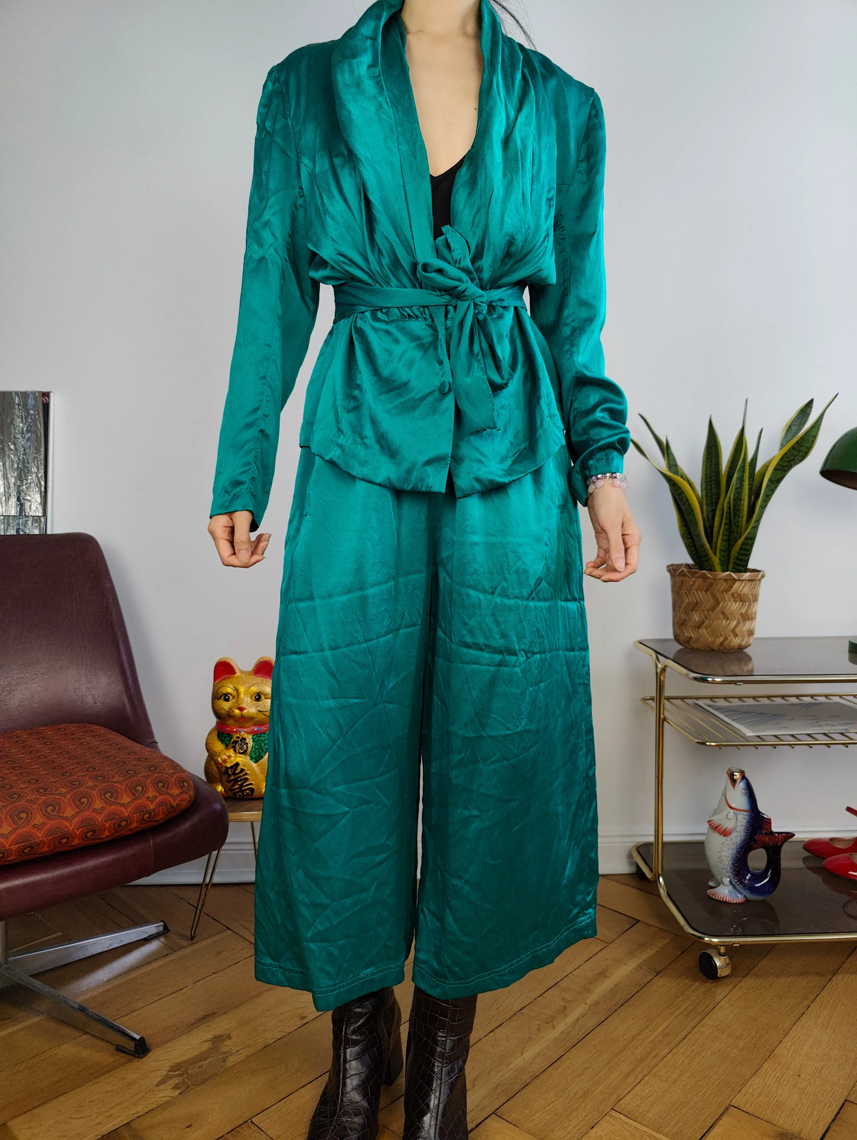 Vintage 100% silk set blouse jacket pants culottes turquoise green S-M