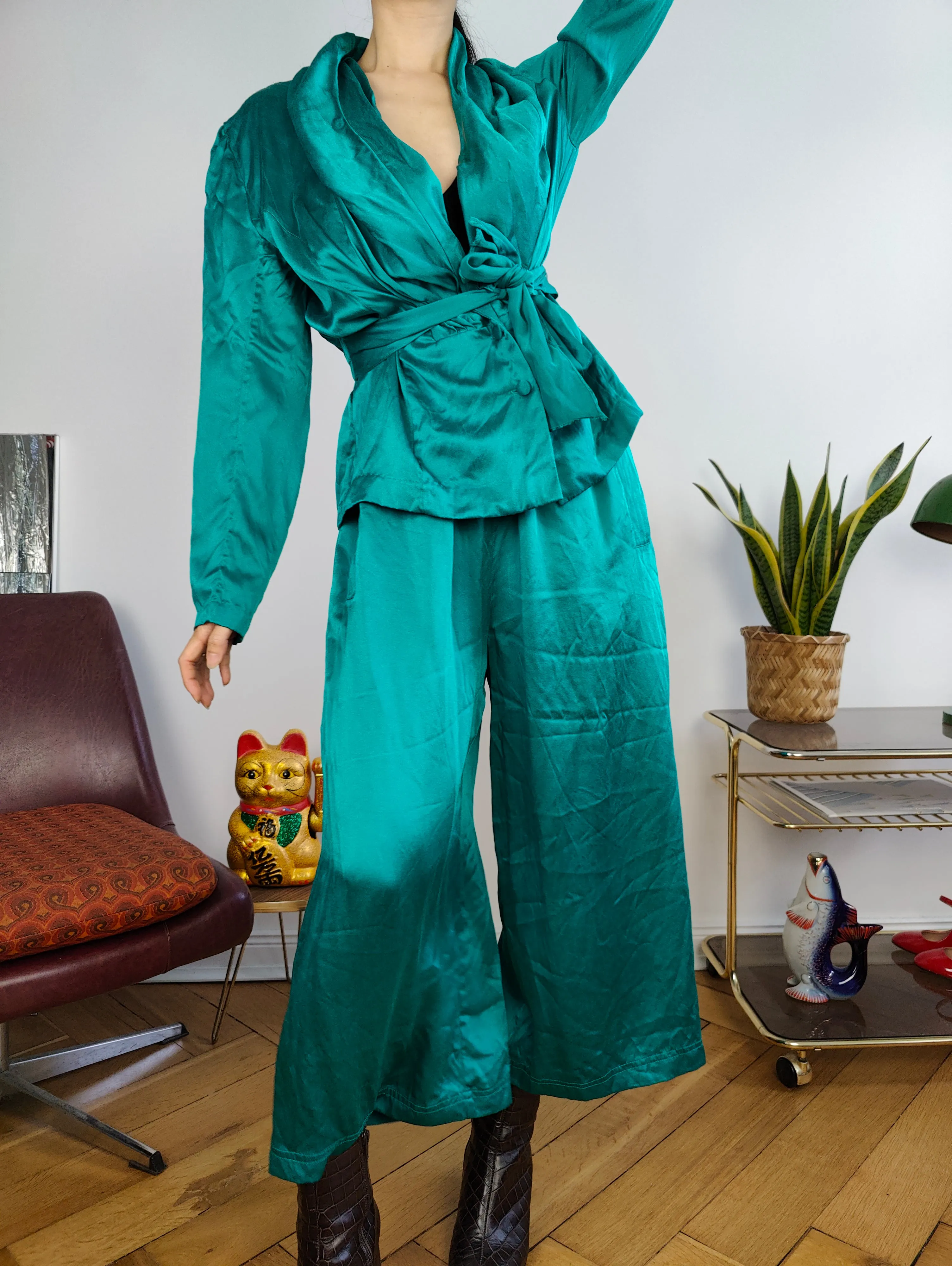 Vintage 100% silk set blouse jacket pants culottes turquoise green S-M