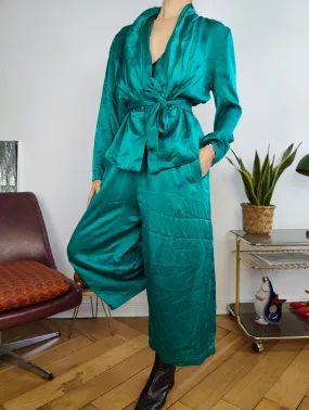 Vintage 100% silk set blouse jacket pants culottes turquoise green S-M