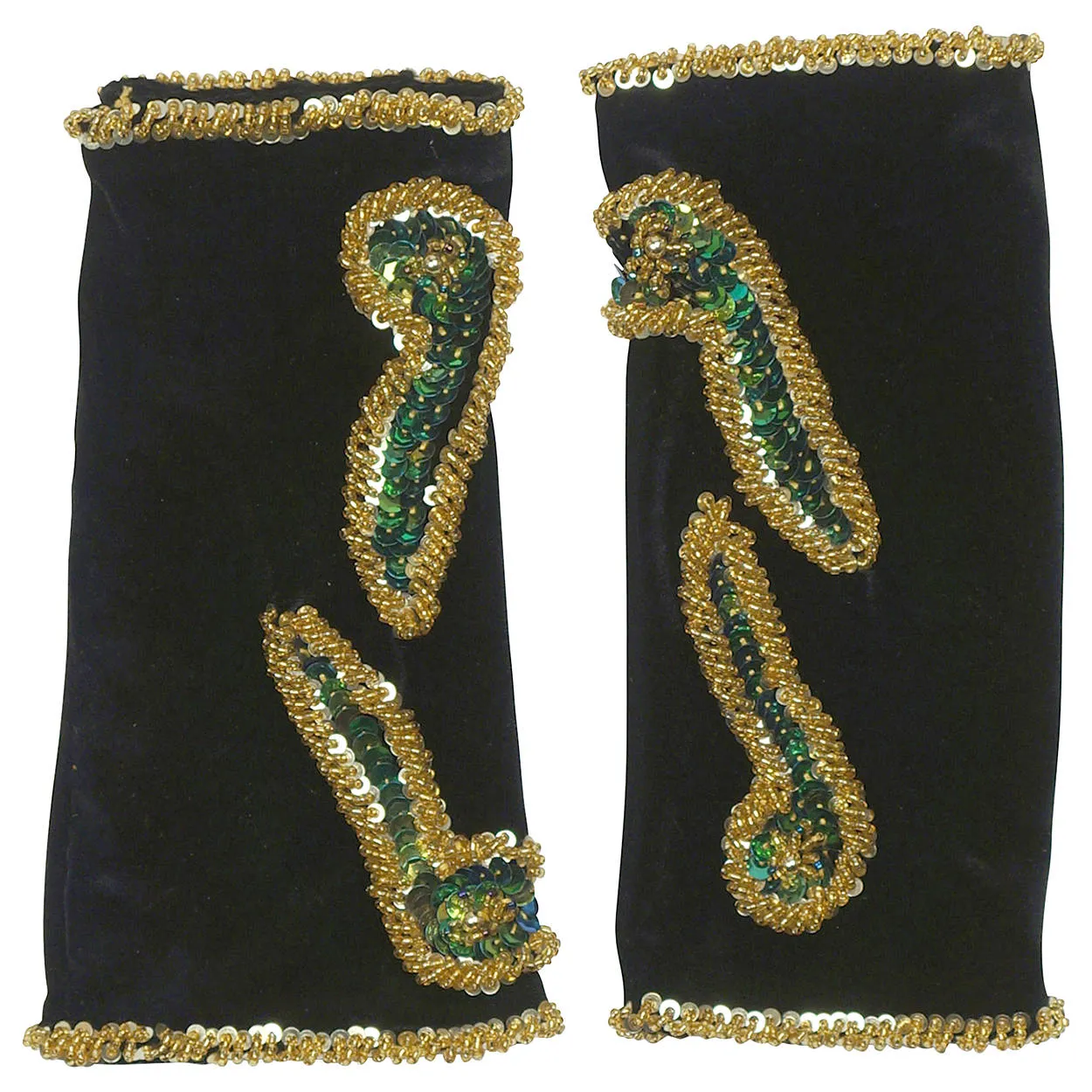 Vintage Gauntlet Gloves Stretchy Black Velvet Beaded and Sequinned Fingerless