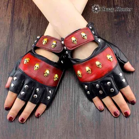 Vintage Leather Skull Studded  Womens Driving Punk Rock Cosplay Fingerless gloves