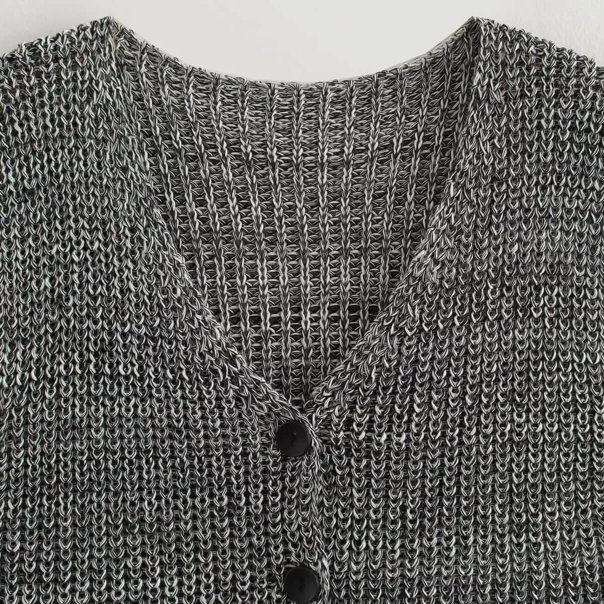 Vintage Style V Neck Button Down Cropped Texture Marl Knit Vest