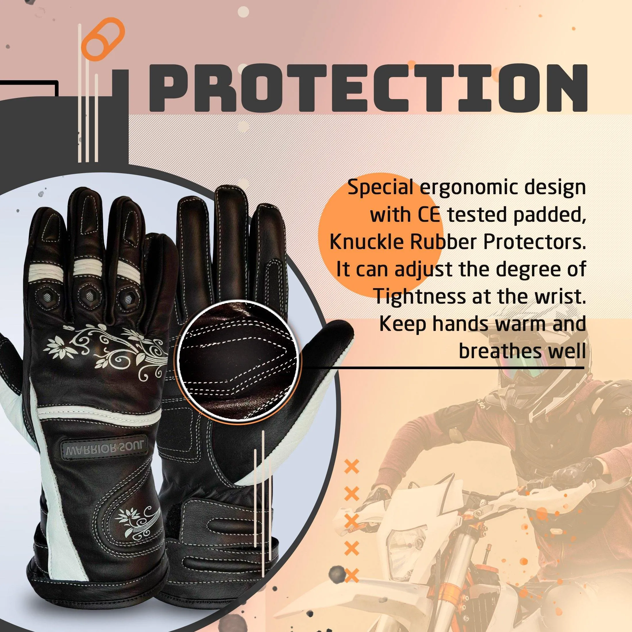 Warrior Gears® Ladies Motorcycle Gloves Leather Graphic Biker Glove