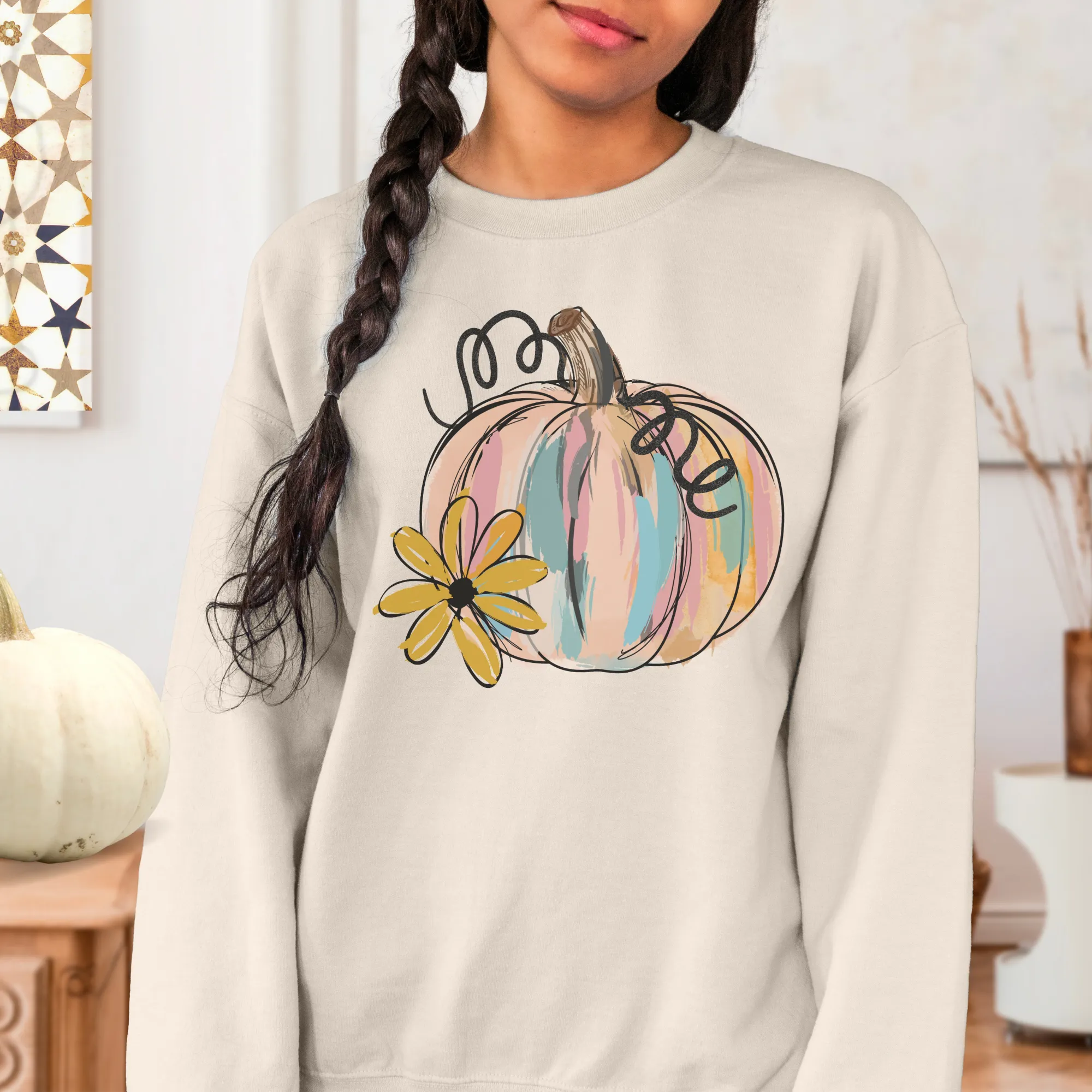 Watercolor Pumpkin Crewneck Sweatshirt Women's Fall Autumn Design Gildan Pullover