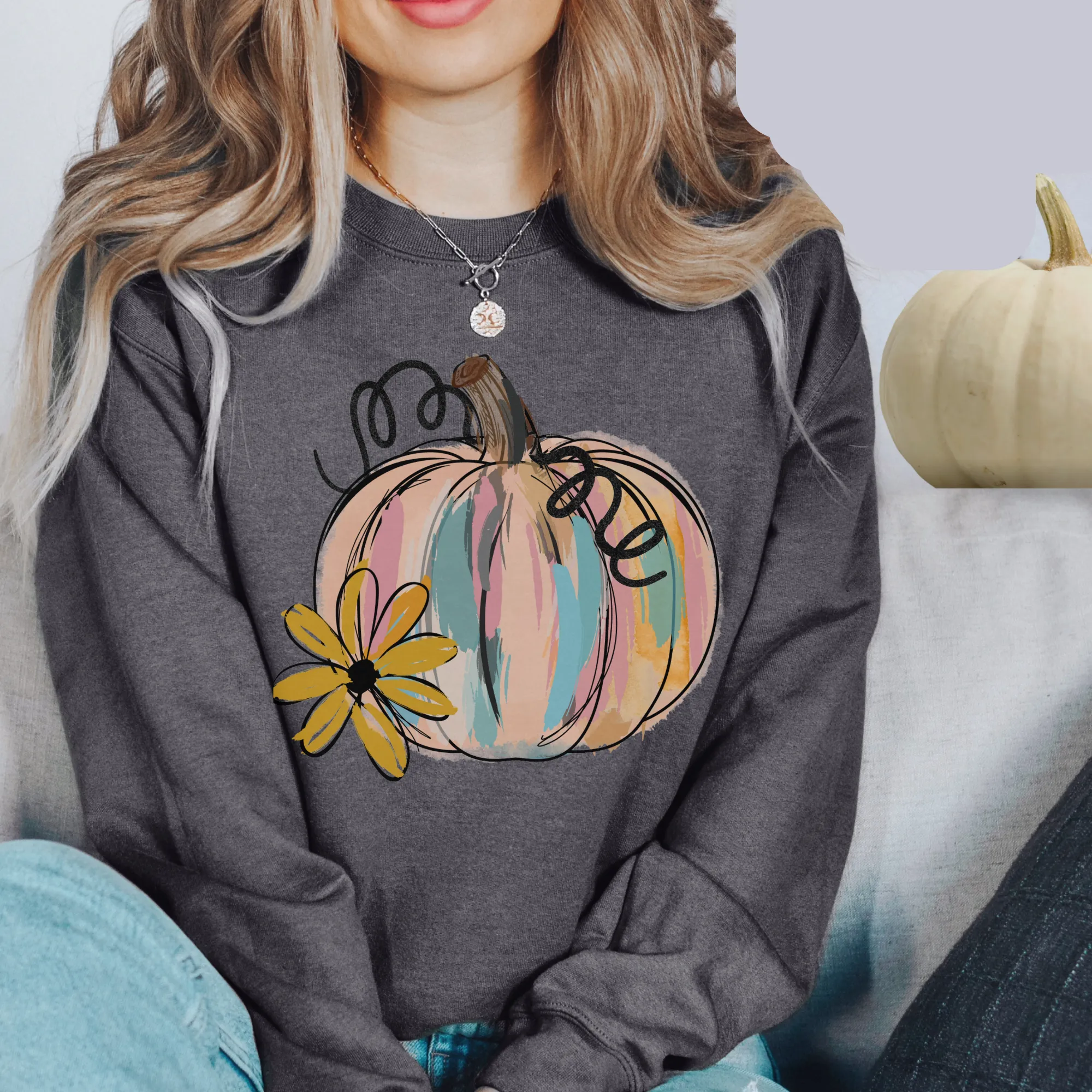 Watercolor Pumpkin Crewneck Sweatshirt Women's Fall Autumn Design Gildan Pullover