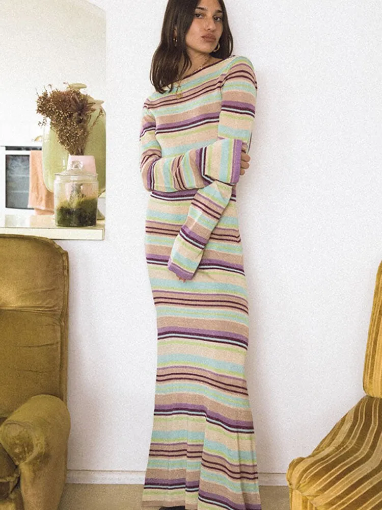 Wenkouban Knit Stripe Long Dress Women Casual Long Sleeve O-Neck Dresses Female Dresses 2023 Autumn Slim Fashion Ladies Vestidos