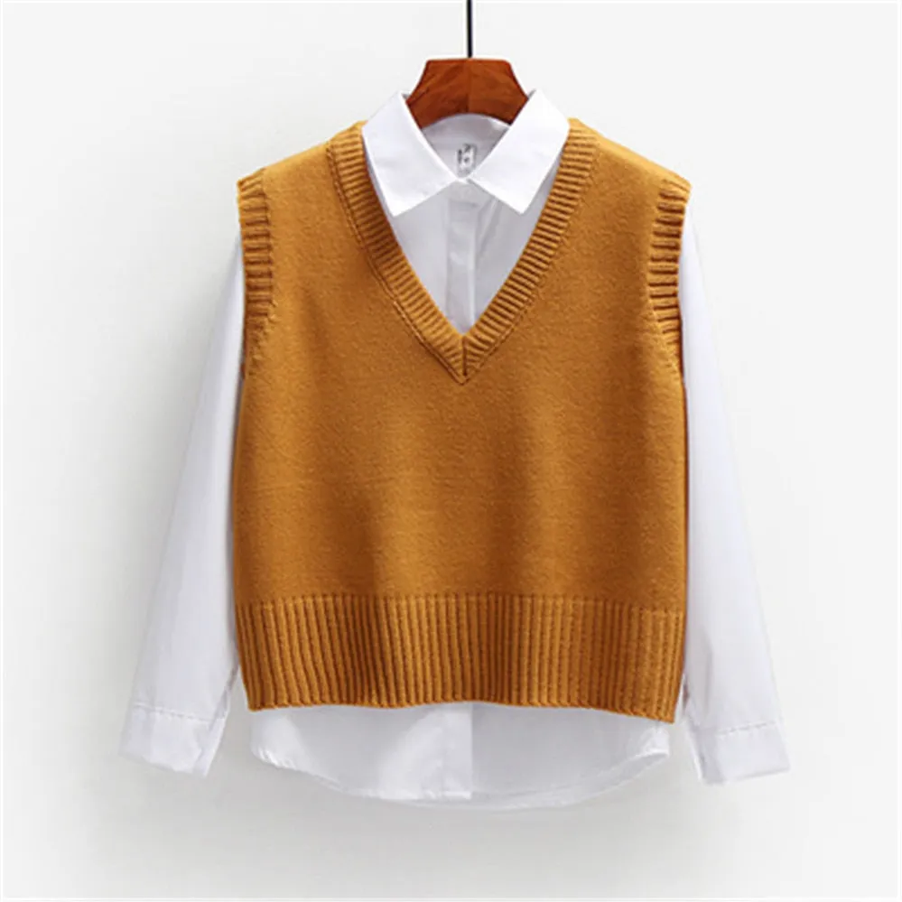 Wenkouban Women Sweater Vest Spring 2023 Autumn Women Short Loose Knitted Sweater Sleeveless Ladies V-Neck Pullover Tops Female Outerwear