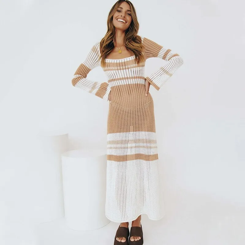 Wenkouban Y2K Off The Shoulder Women Dress 2023 Summer Knit Colored Striped Long Sleeve Female Dresses Elegant Sexy Beach Lady Maxi Robe