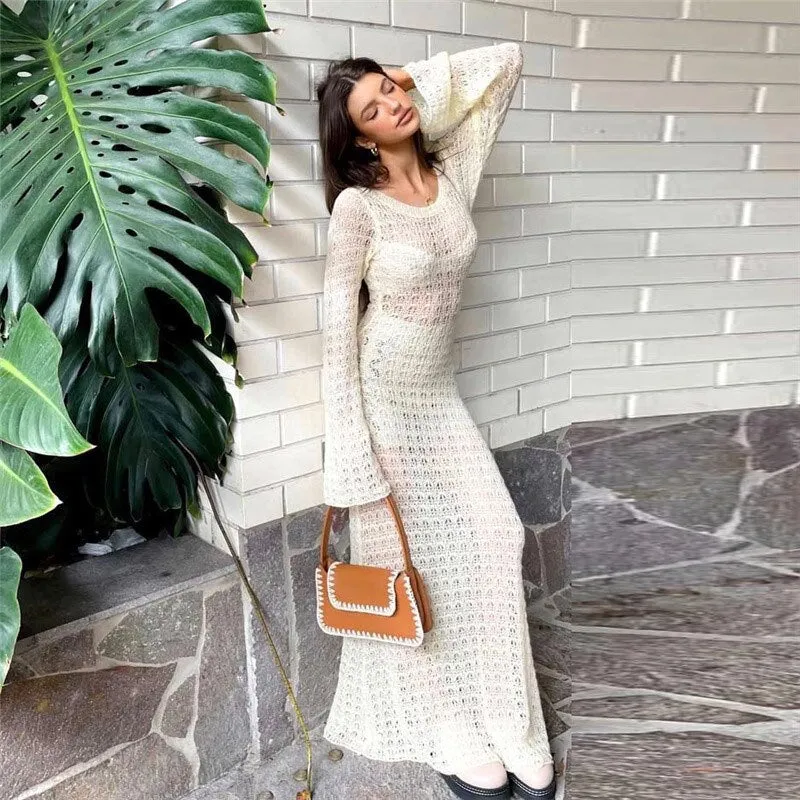 Wenkouban Y2K Off The Shoulder Women Dress 2023 Summer Knit Colored Striped Long Sleeve Female Dresses Elegant Sexy Beach Lady Maxi Robe