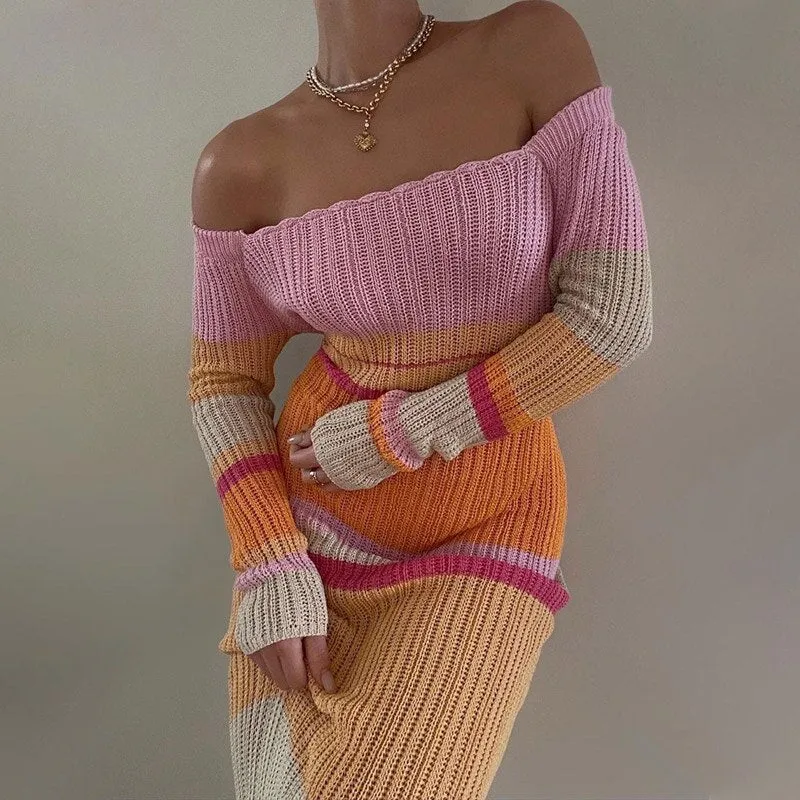 Wenkouban Y2K Off The Shoulder Women Dress 2023 Summer Knit Colored Striped Long Sleeve Female Dresses Elegant Sexy Beach Lady Maxi Robe