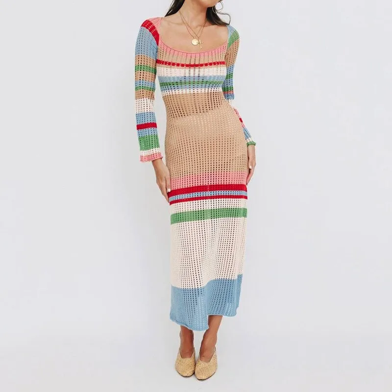 Wenkouban Y2K Off The Shoulder Women Dress 2023 Summer Knit Colored Striped Long Sleeve Female Dresses Elegant Sexy Beach Lady Maxi Robe