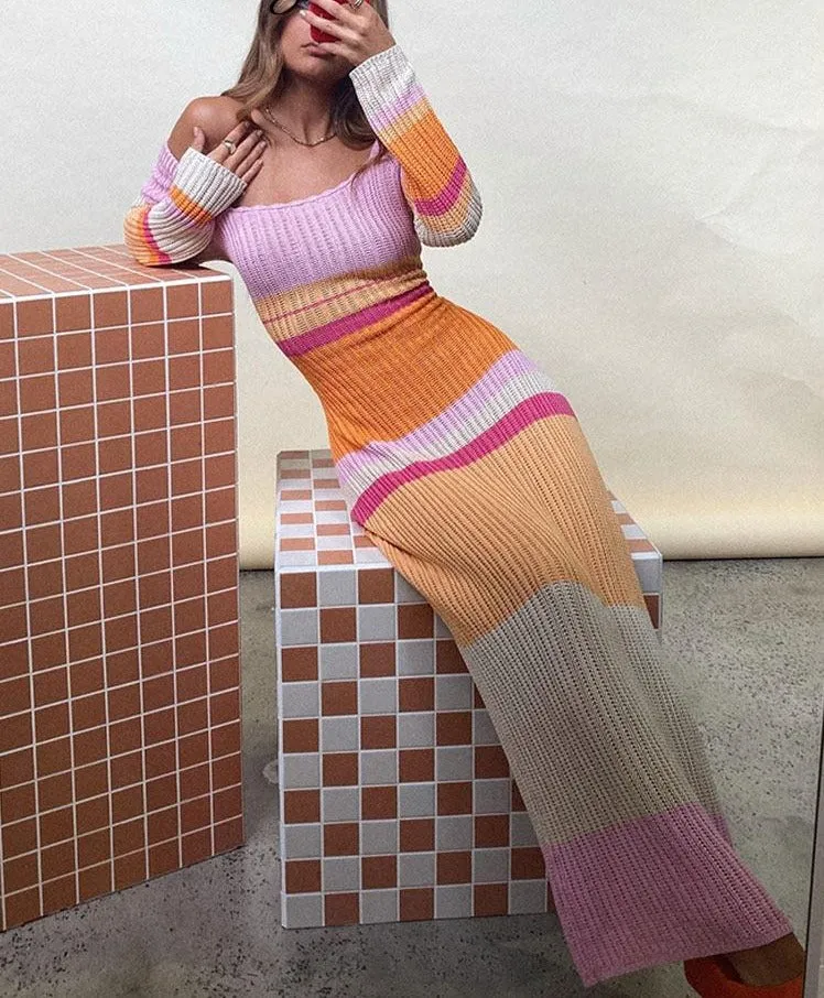 Wenkouban Y2K Off The Shoulder Women Dress 2023 Summer Knit Colored Striped Long Sleeve Female Dresses Elegant Sexy Beach Lady Maxi Robe