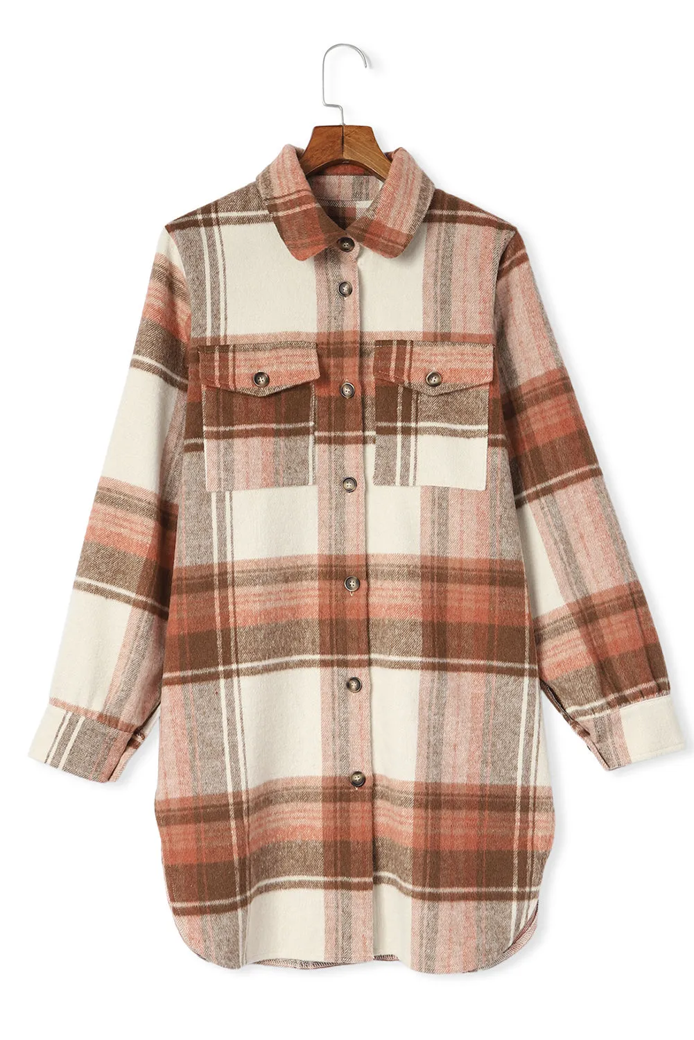 Wholesale Brown Plaid Casual Button Up Flannel Long Shacket with Flap Pockets