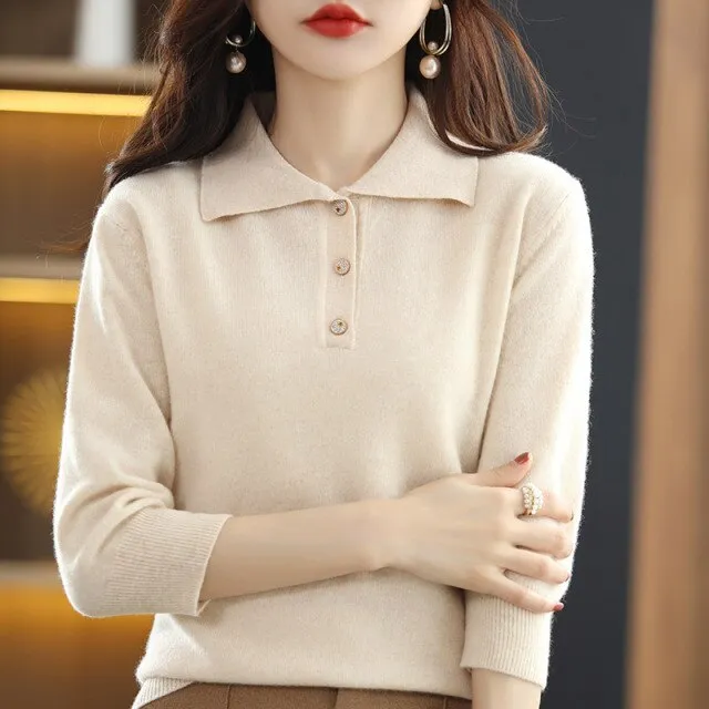 Wjczt Spring And Autumn New Ladies Lapel Korean Knitted Pullover Sweater Solid Color 100% Wool Loose Fashion Chic Bottoming Shirt