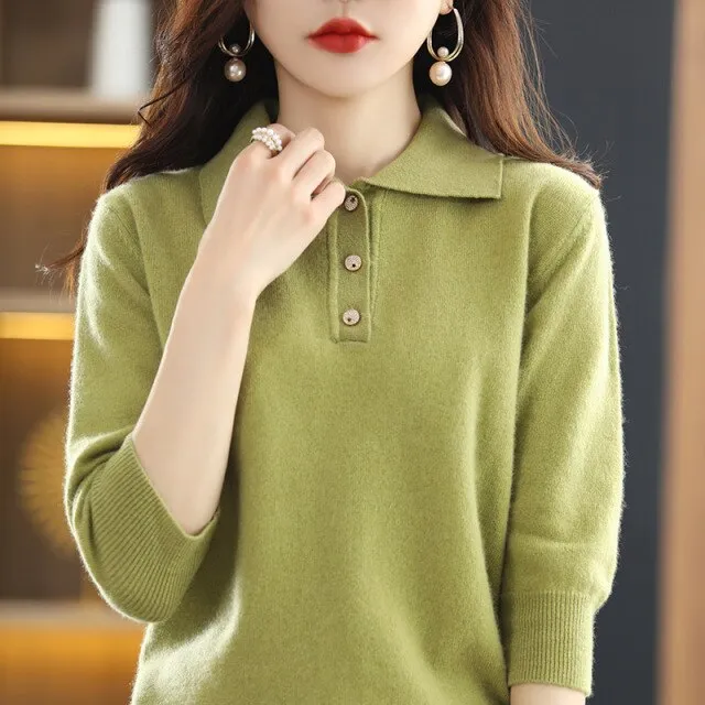 Wjczt Spring And Autumn New Ladies Lapel Korean Knitted Pullover Sweater Solid Color 100% Wool Loose Fashion Chic Bottoming Shirt