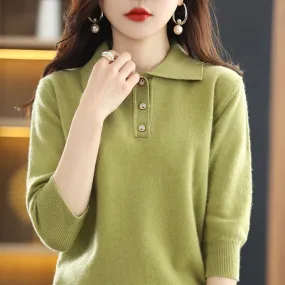 Wjczt Spring And Autumn New Ladies Lapel Korean Knitted Pullover Sweater Solid Color 100% Wool Loose Fashion Chic Bottoming Shirt