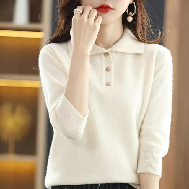 Wjczt Spring And Autumn New Ladies Lapel Korean Knitted Pullover Sweater Solid Color 100% Wool Loose Fashion Chic Bottoming Shirt