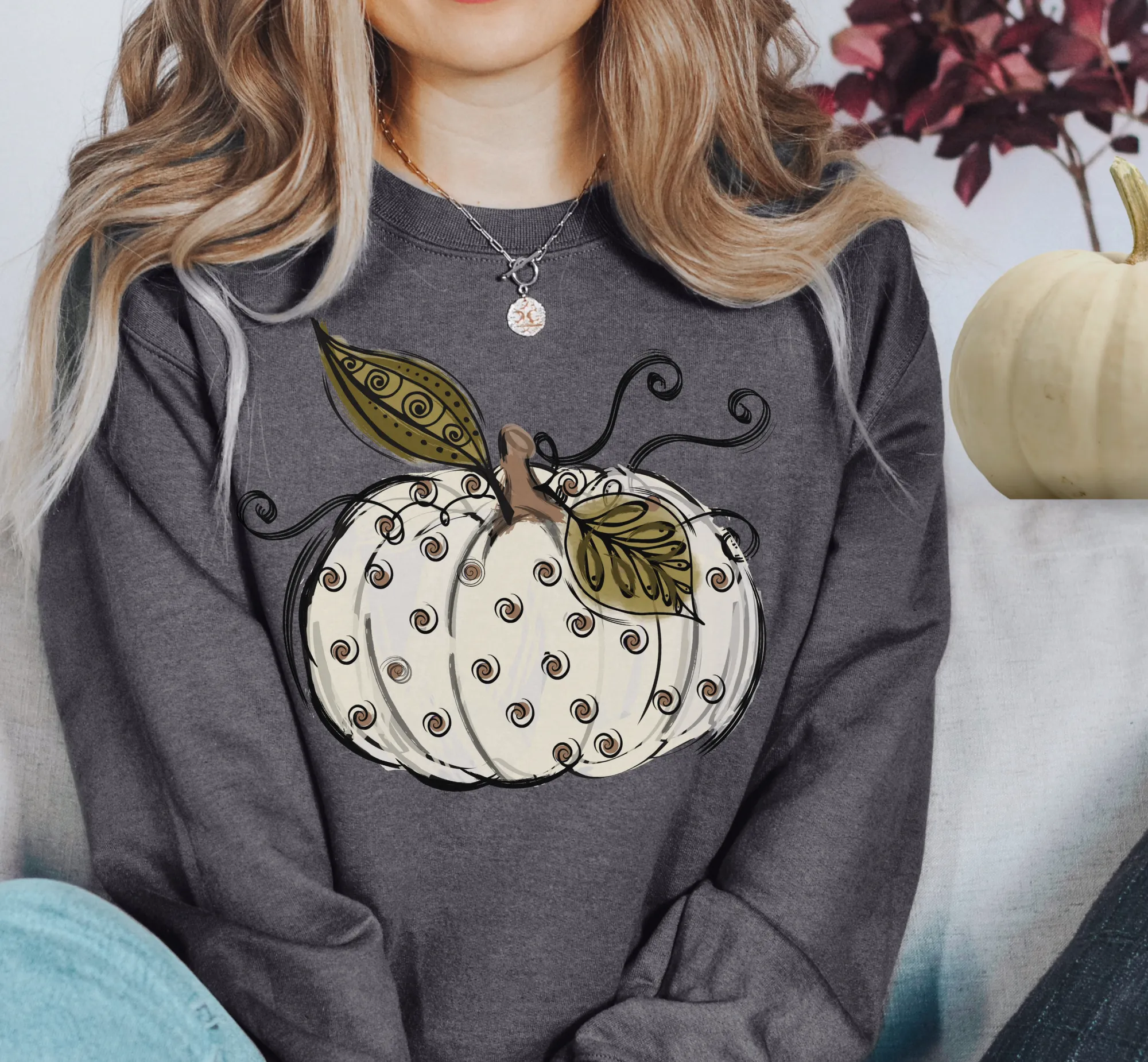 Women's Fall Hand Drawn Pumpkin Design White Pumpkin with Swirls Pullover Sweatshirt