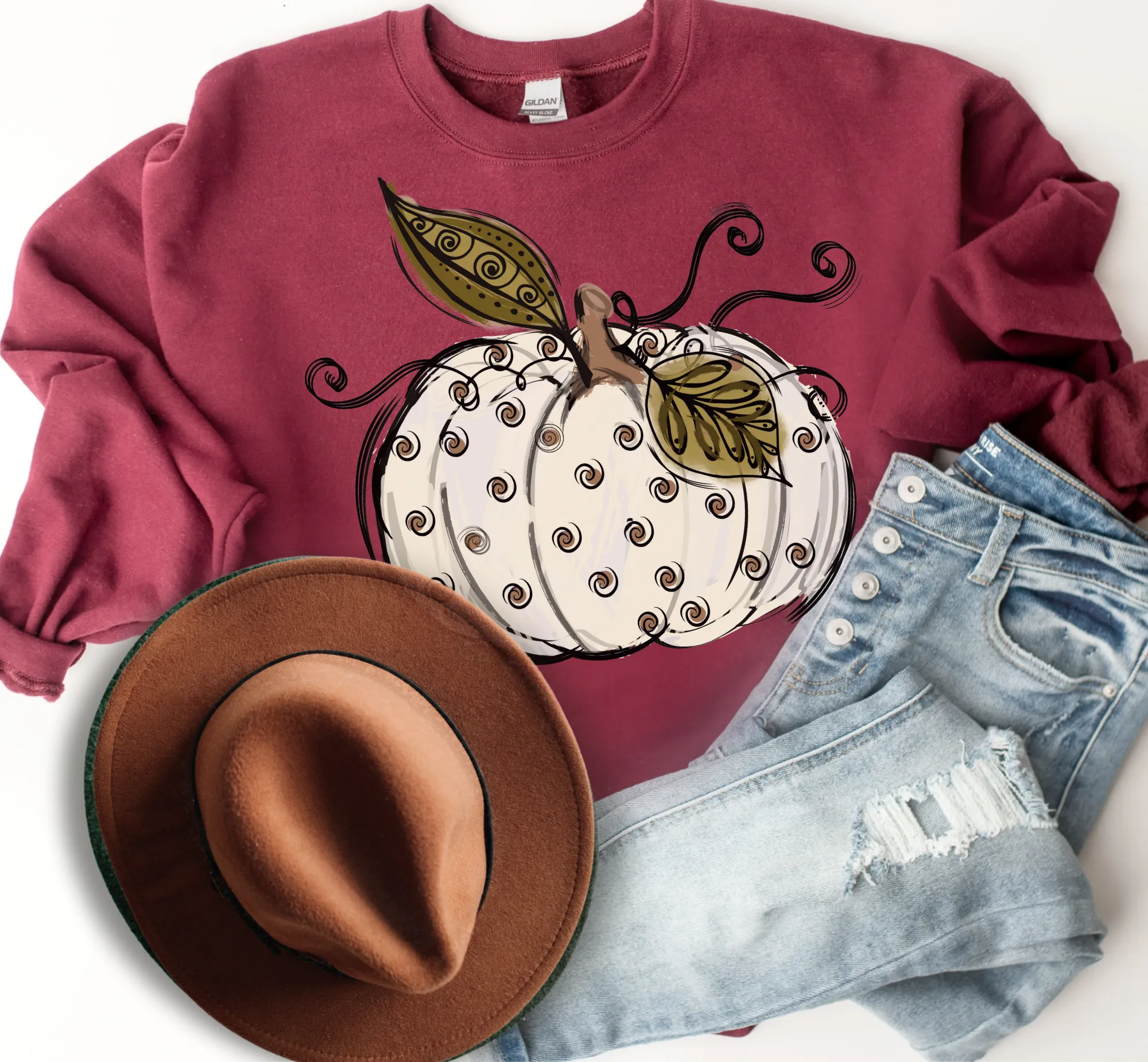 Women's Fall Hand Drawn Pumpkin Design White Pumpkin with Swirls Pullover Sweatshirt