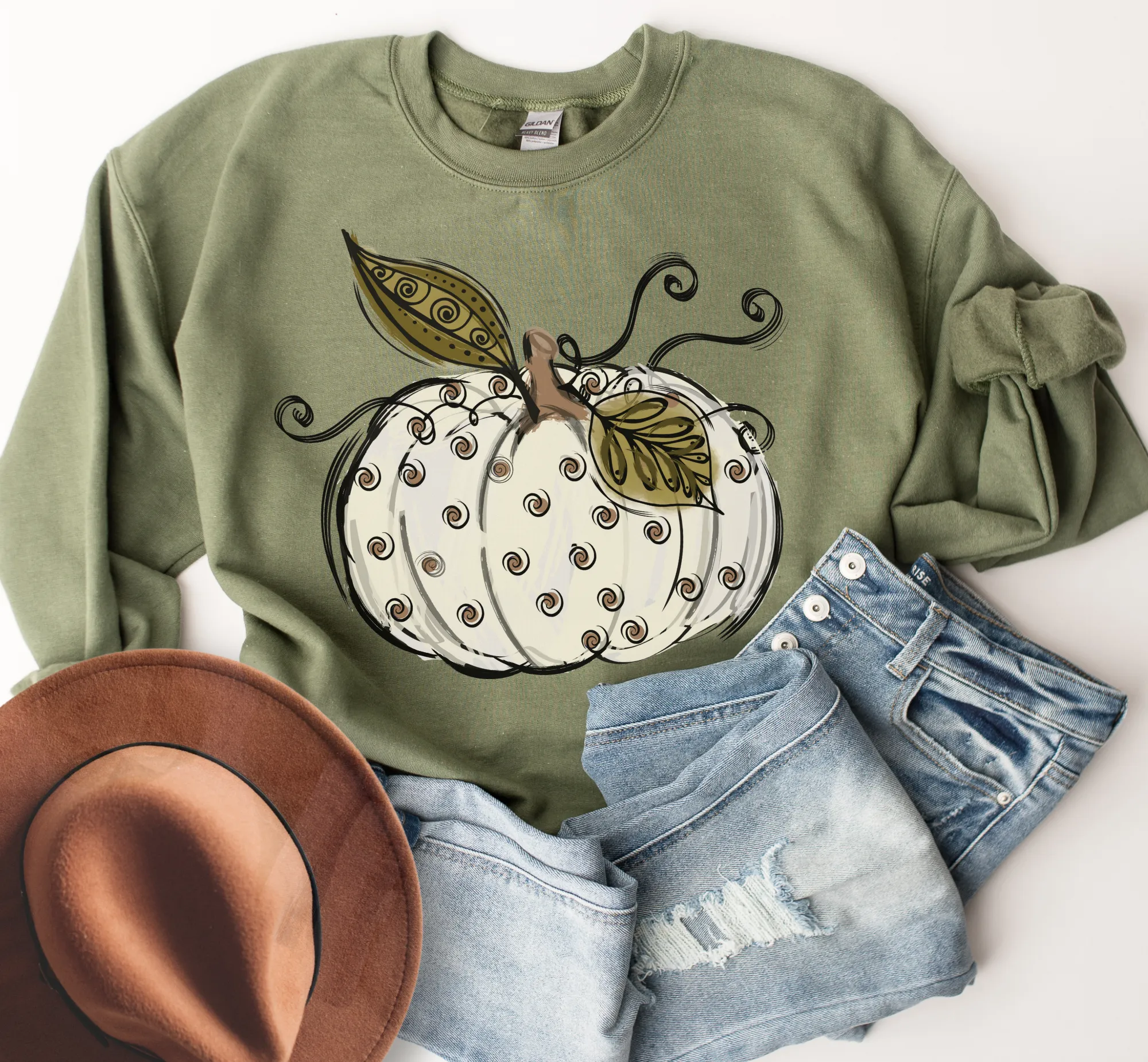 Women's Fall Hand Drawn Pumpkin Design White Pumpkin with Swirls Pullover Sweatshirt