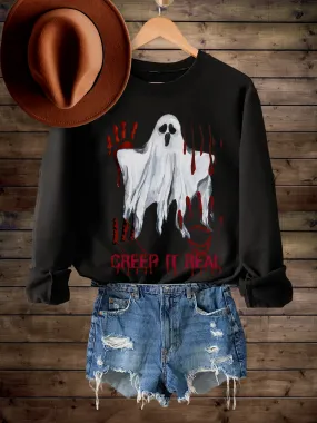 Women's Funny Halloween Creep It Real Crewneck Sweatshirt Funny Slasher Movie Pullover